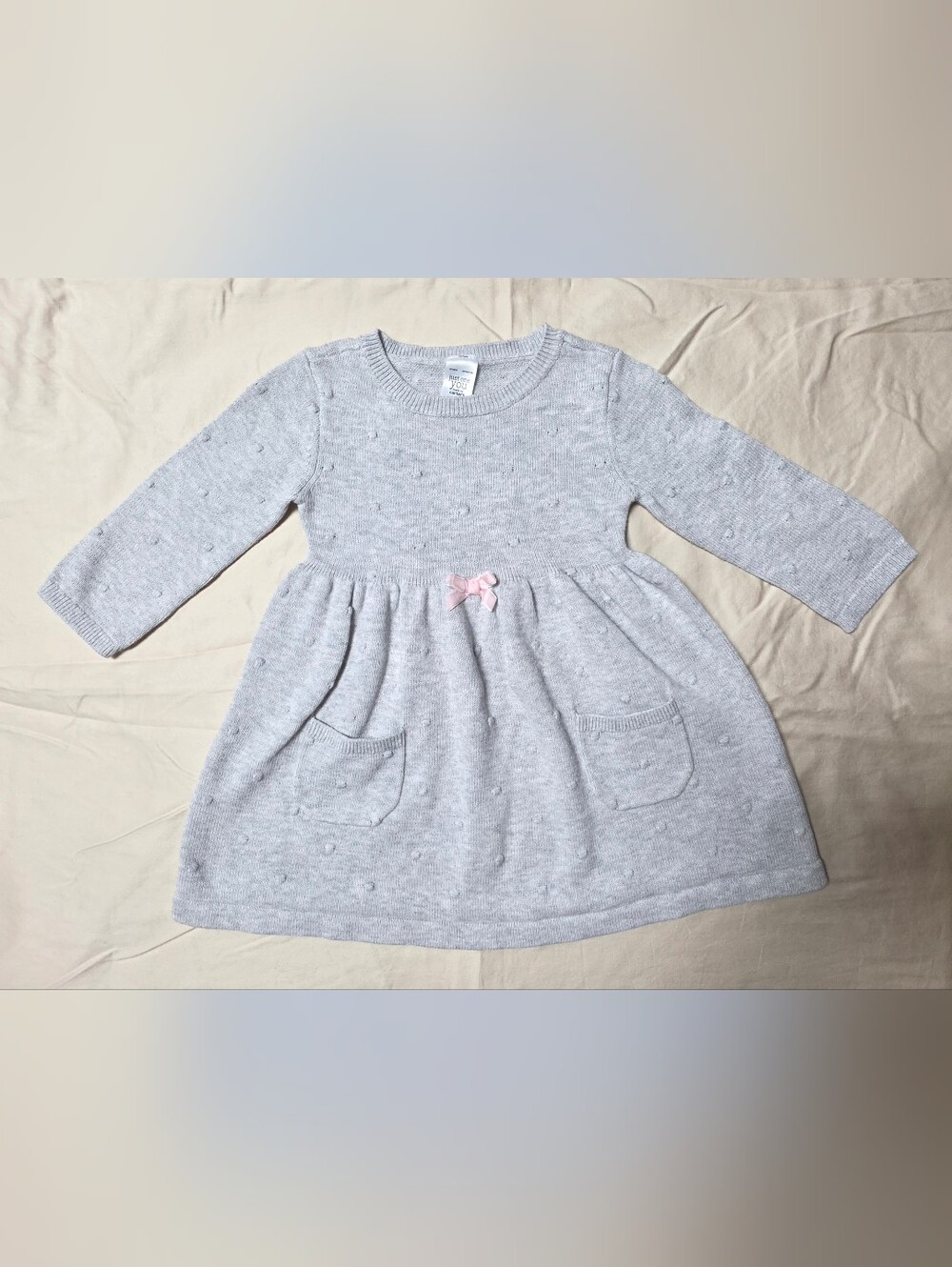 Cartets Light Gray Knit Dress with Pink Bow Accent